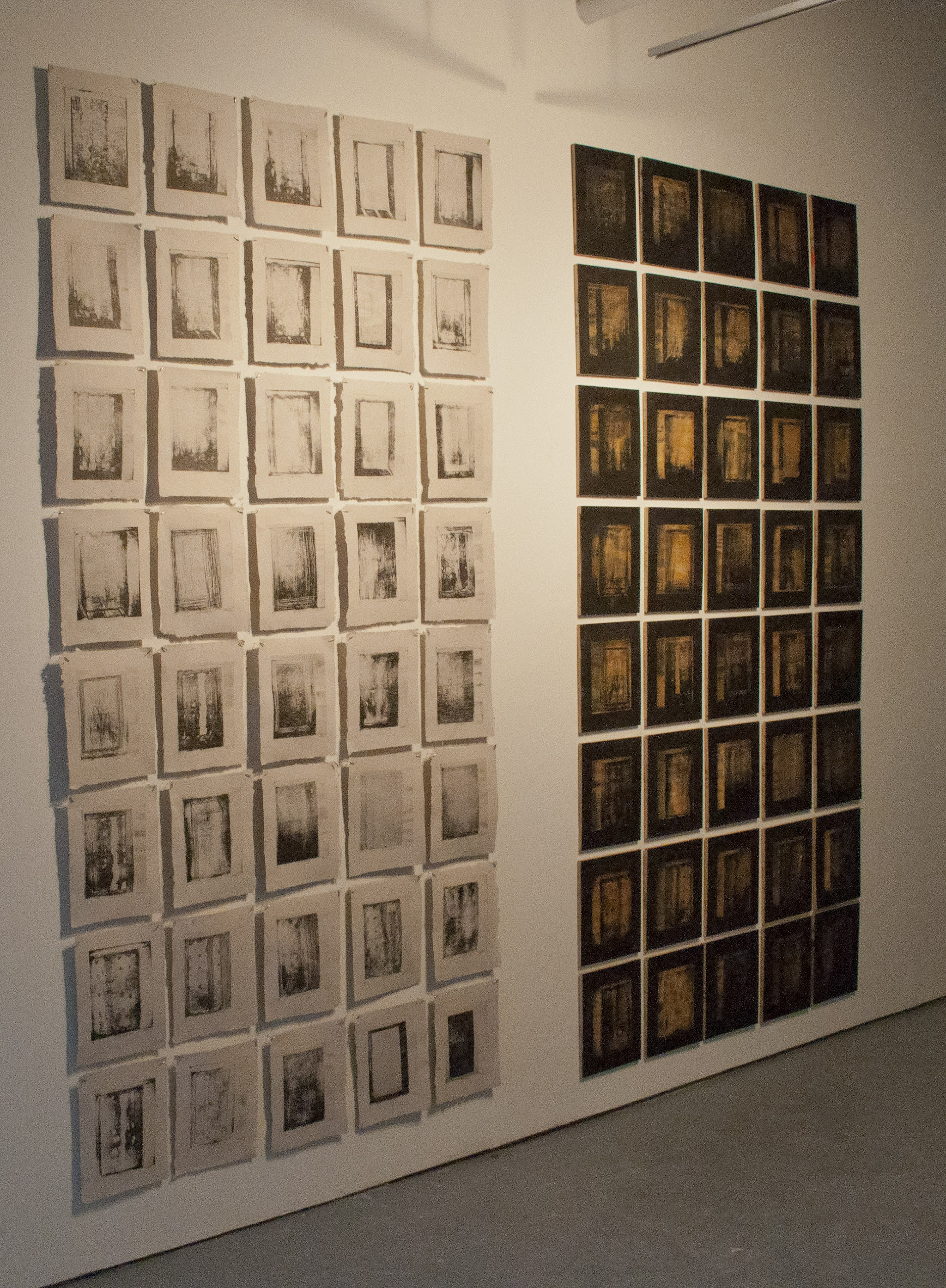 Laser cut woodblocks and resulting prints. Each sheet is 8.5x11" and each woodblock is 9x12